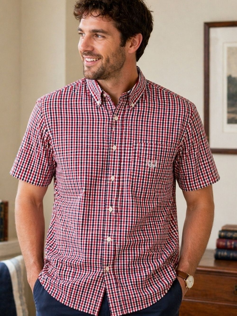 Chaps Red Plaid Button Down Shirt Men’s L ClassicFit Cotton Preppy Casual Resort
